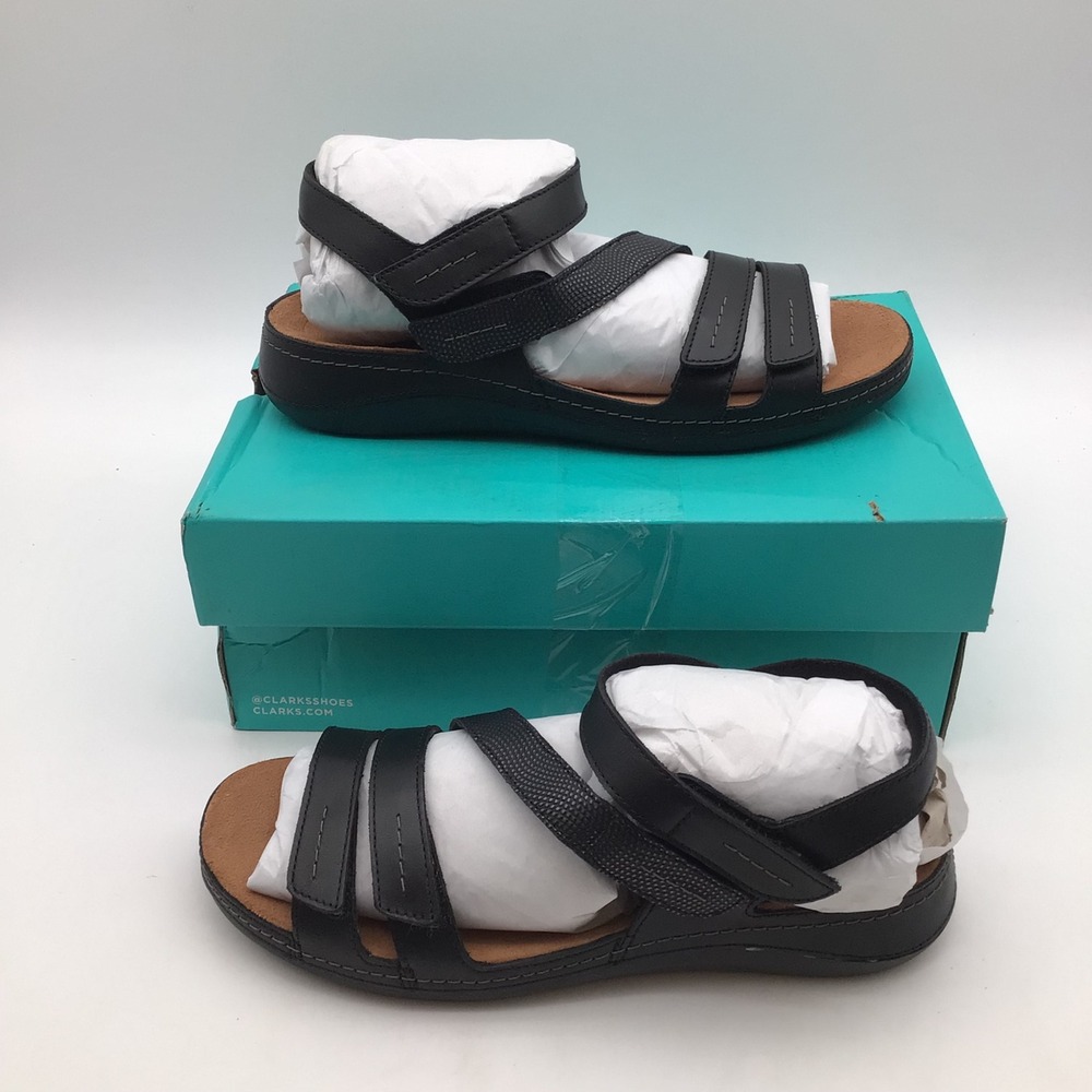 Clarks Cecily Mix Black Leather Strappy Comfort Sandals Womens Size 10 M NEW